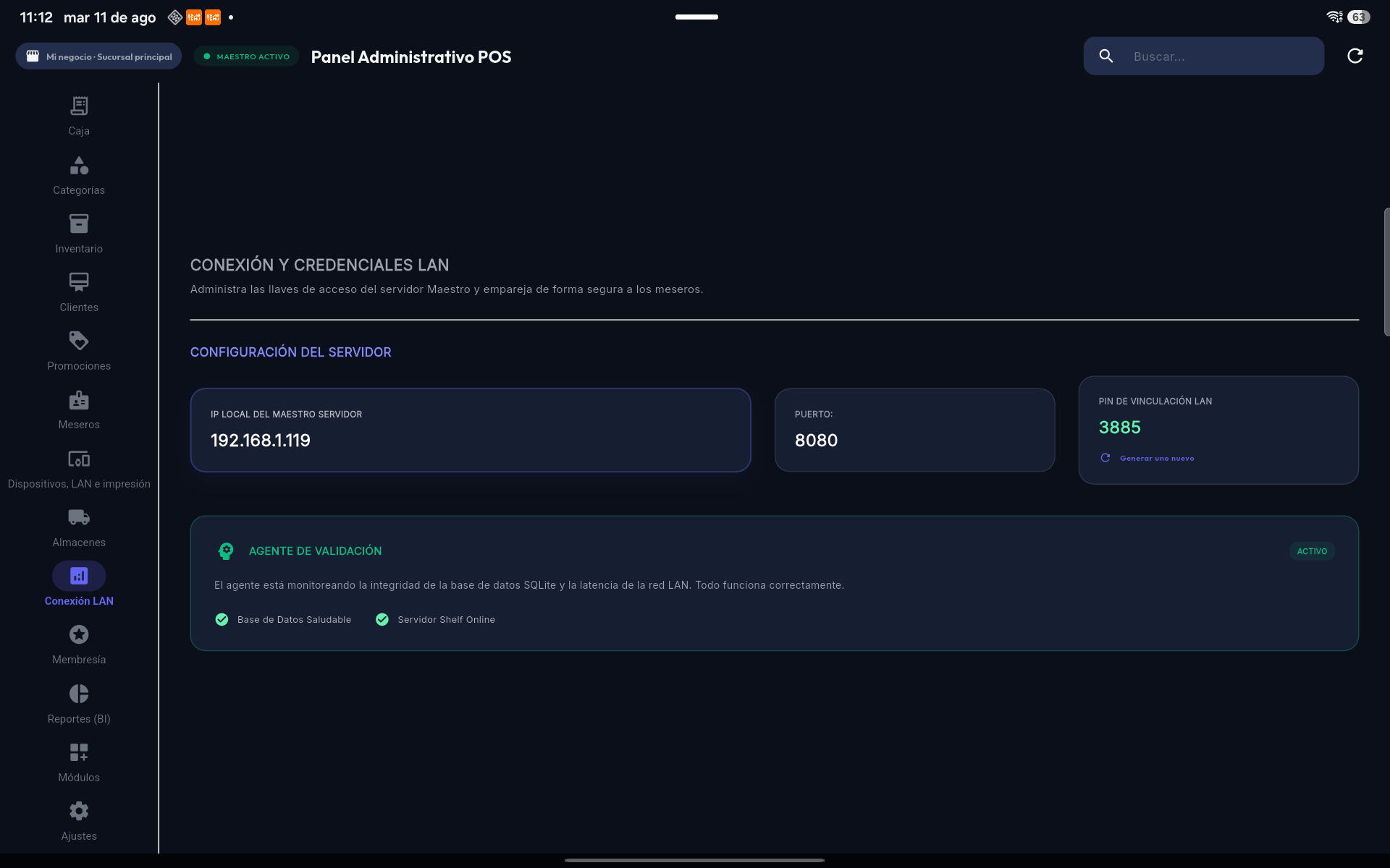 Panel maestro real de Easy POS LAN con operación LAN activa
