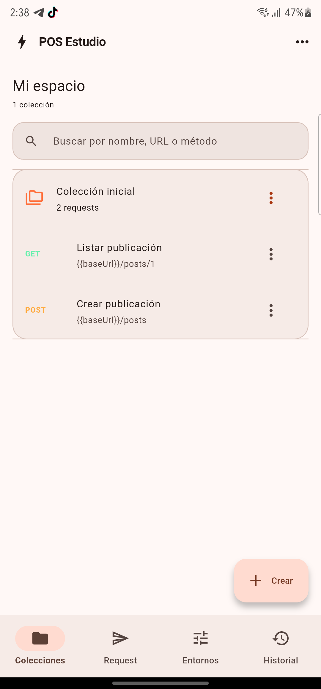 Pantalla de inicio de POST Estudio con navegación de colecciones, request, entornos e historial